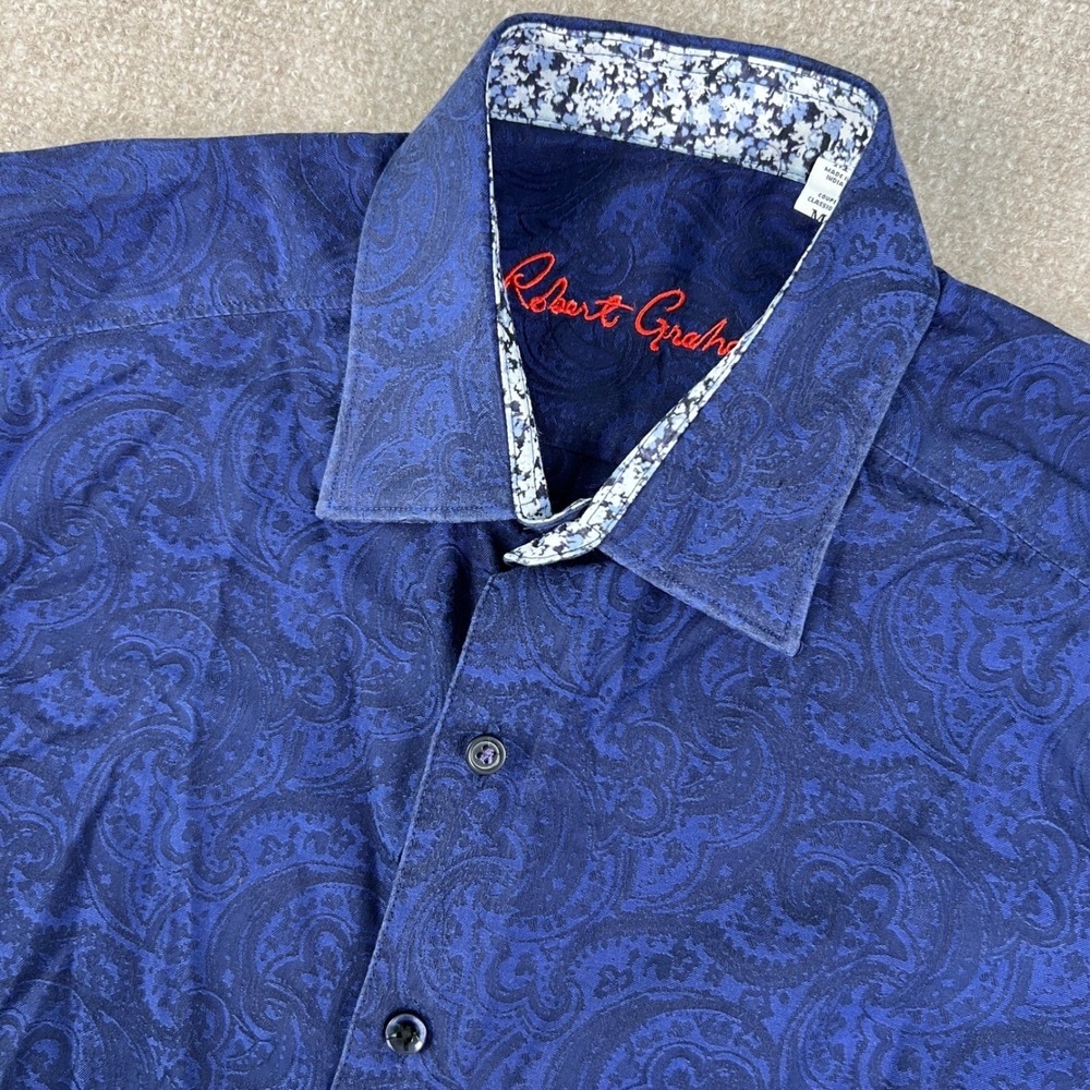 Robert Graham Button Down Mens M Blue Paisley Jacquard Short Sleeve Classic Fit